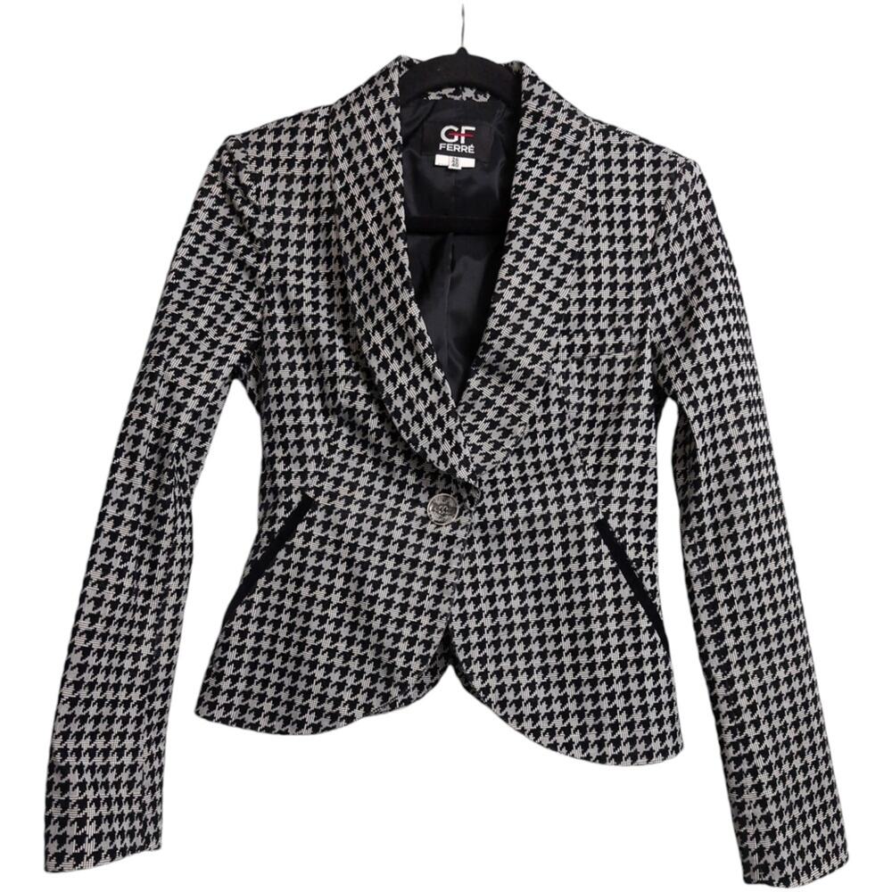 Gianfranco GF FERRE Womens Houndstooth Single Button Shawl Collar Blazer Jacket